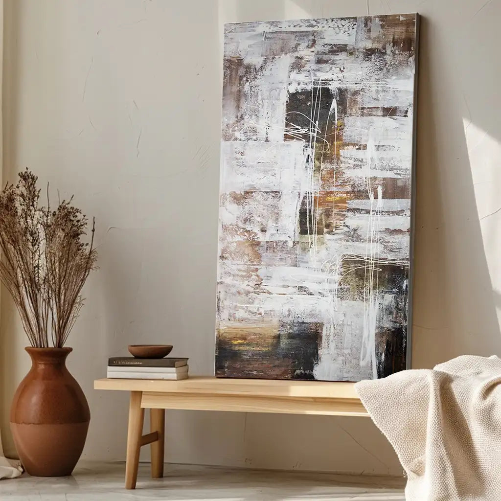 Cuadro abstracto moderno pintado a mano con líneas en blanco