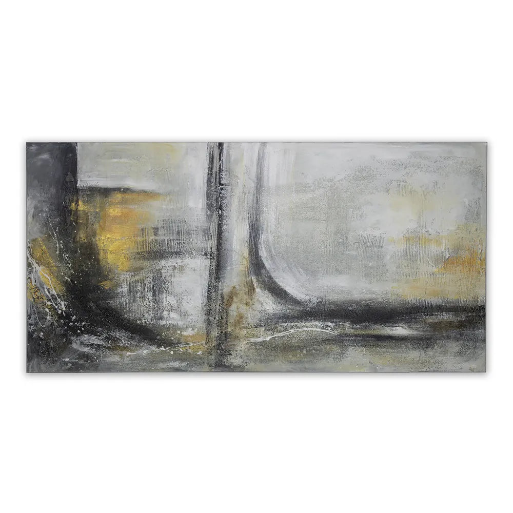 Cuadro abstracto pintado a mano con textura en tonos dorados y gris