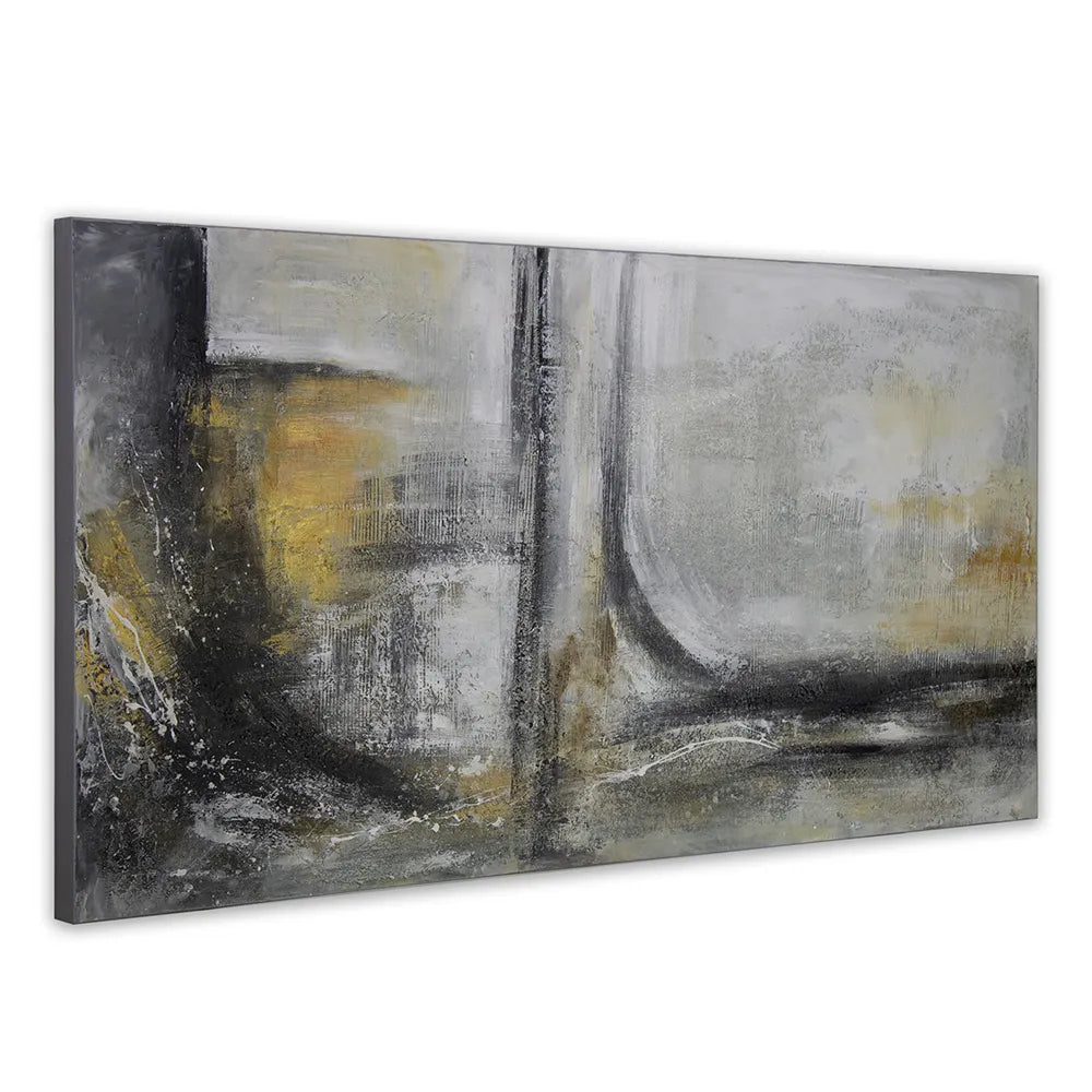 Cuadro abstracto pintado a mano con textura en tonos dorados y gris