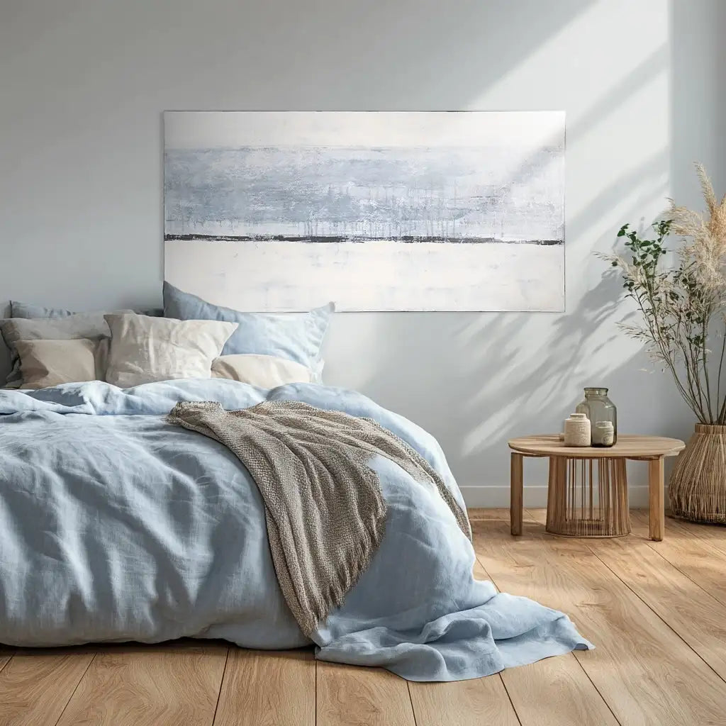 Cuadro pintado a mano original en tonos azul niebla y blanco