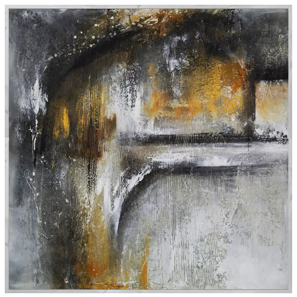 Cuadro abstracto pintado a mano con textura en tonos dorados y gris