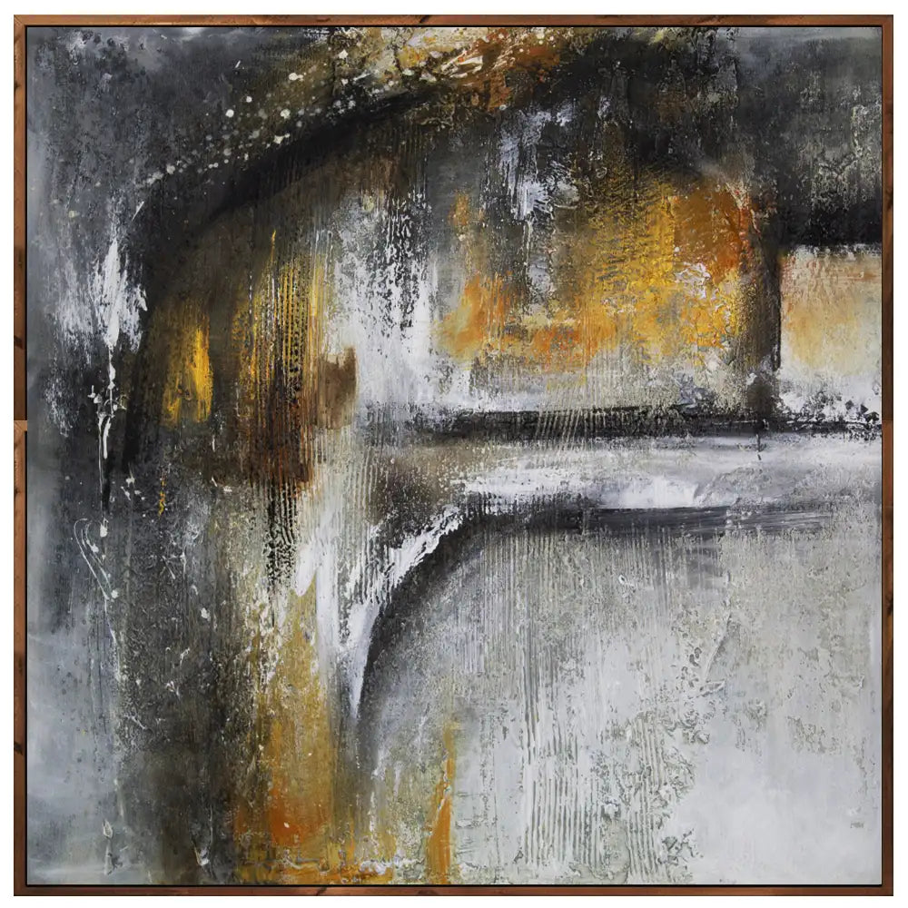 Cuadro abstracto pintado a mano con textura en tonos dorados y gris