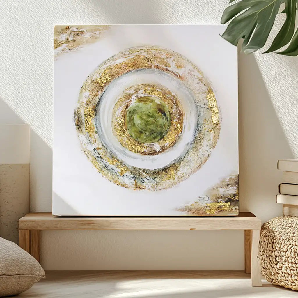 Cuadro con relieve pintado a mano en tonos dorados y tierra