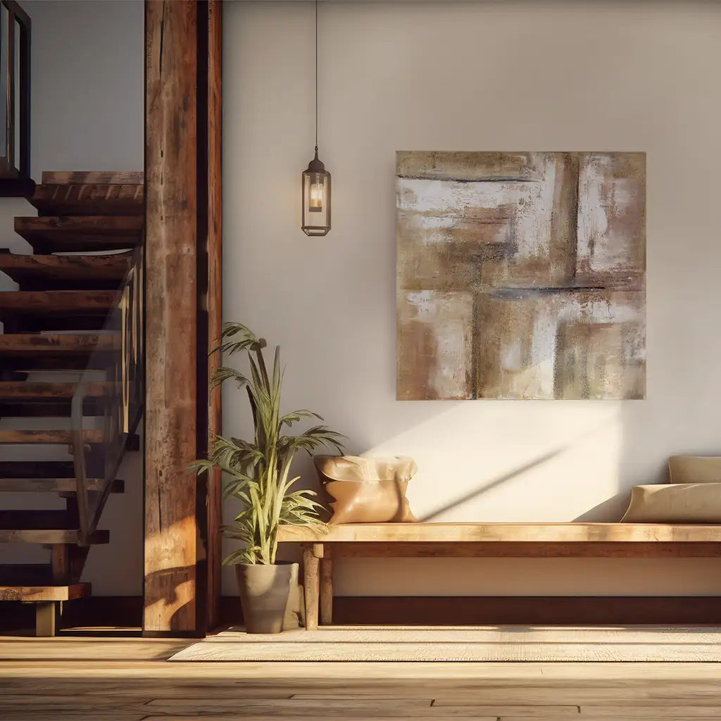 Cuadro pintado a mano en tonos tierra con textura envejecida