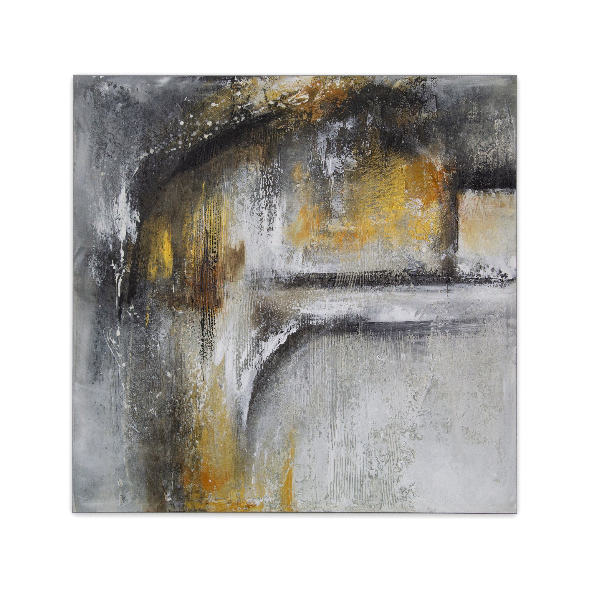 Cuadro abstracto pintado a mano con textura en tonos dorados y gris