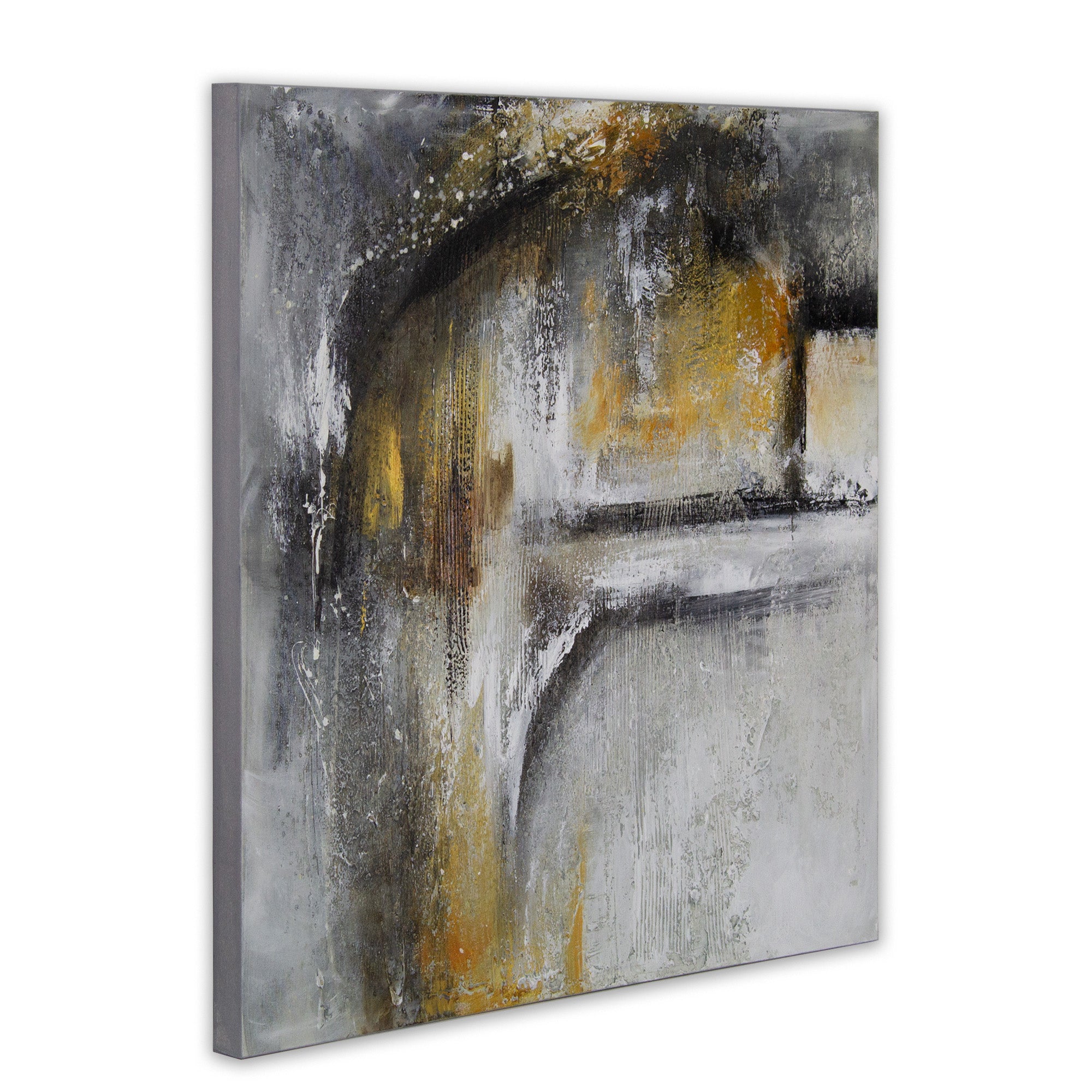 Cuadro abstracto pintado a mano con textura en tonos dorados y gris