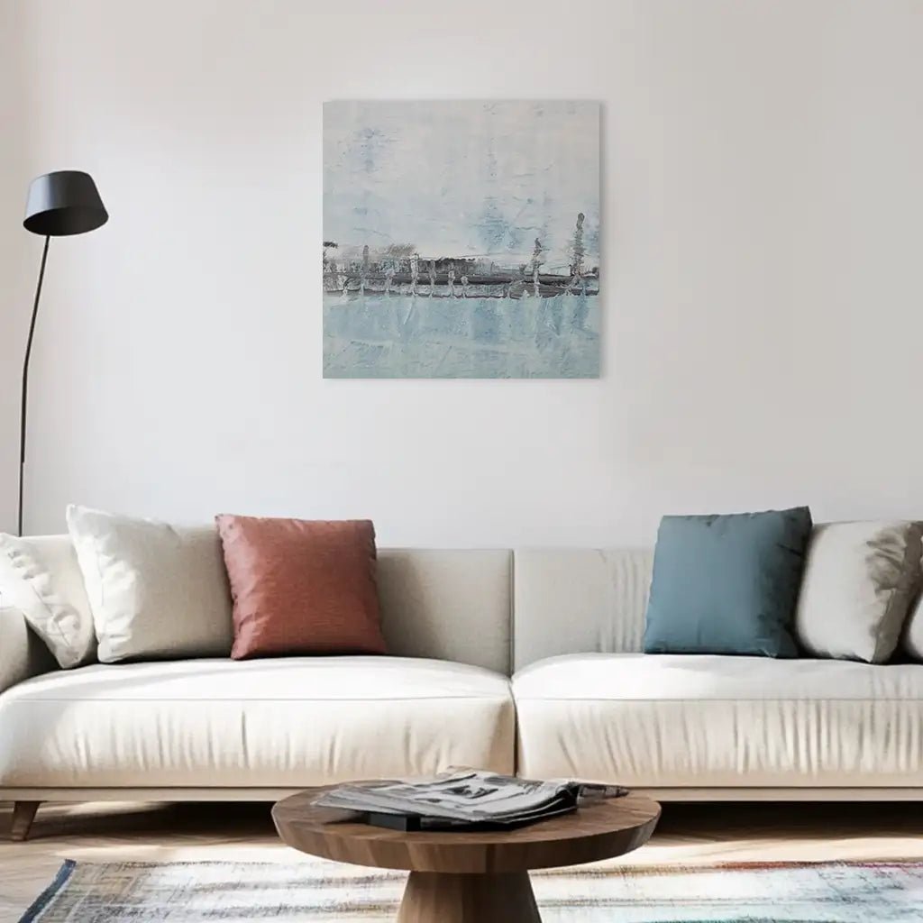 Cuadro pintado a mano original en tonos azul niebla y blanco