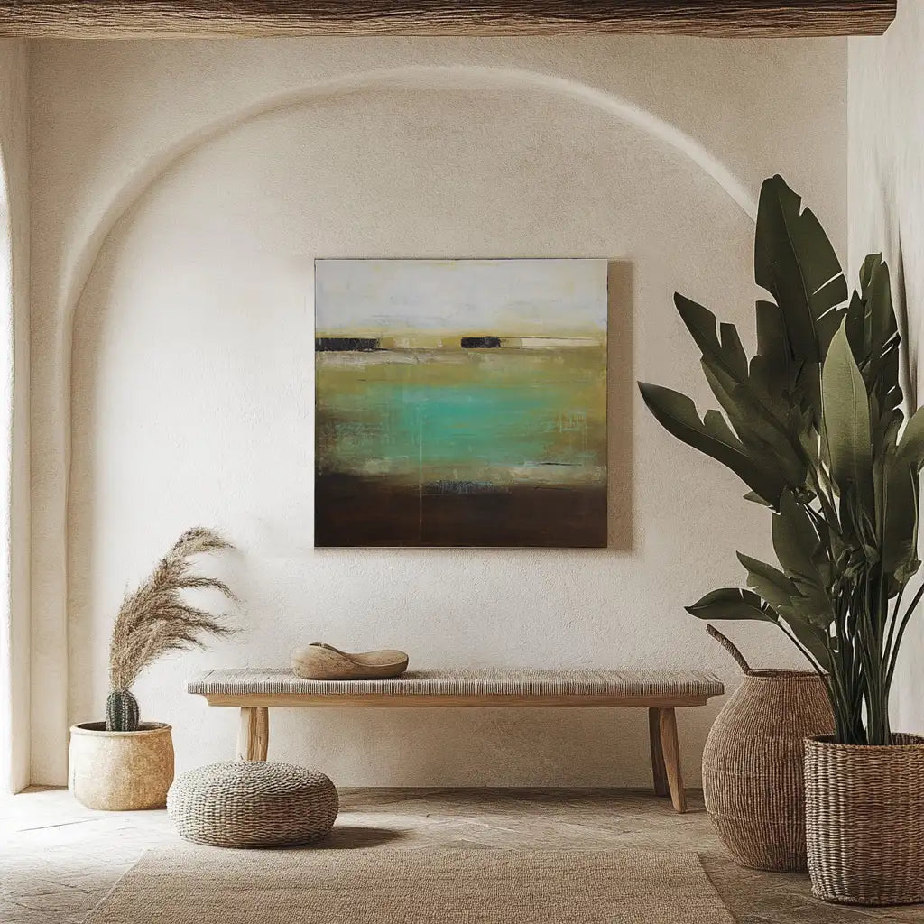 Cuadro pintado a mano en tonos aguamarina y ocres difuminados