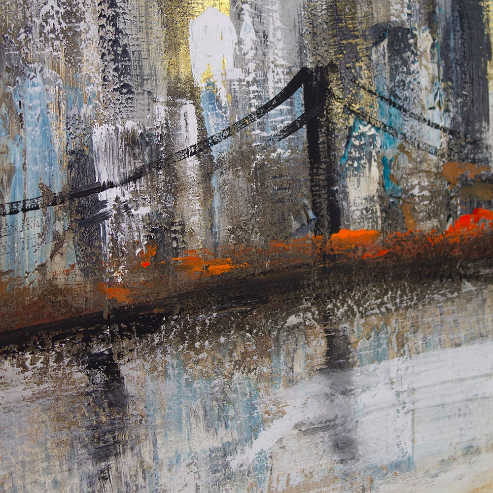 Pintura urbana con skyline y reflejo en agua