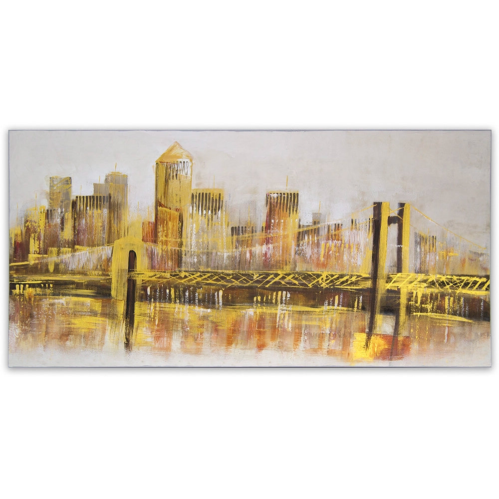 Cuadro de ciudad nocturna en tonos dorados