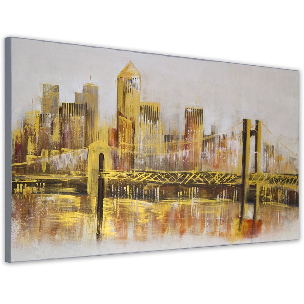 Cuadro de ciudad nocturna en tonos dorados