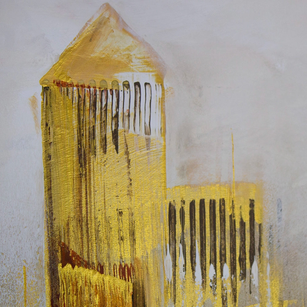 Cuadro de ciudad nocturna en tonos dorados