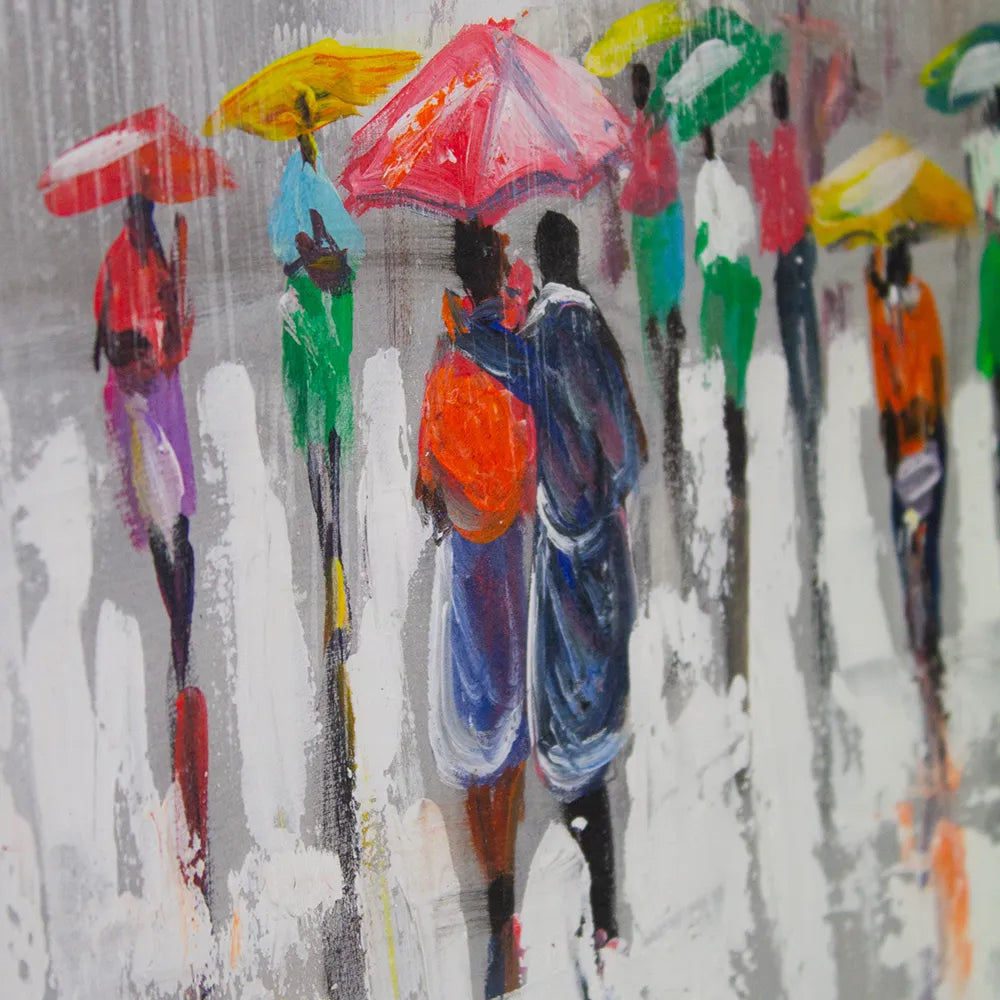 Cuadro acrílico moderno pintado a mano con figuras urbanas
