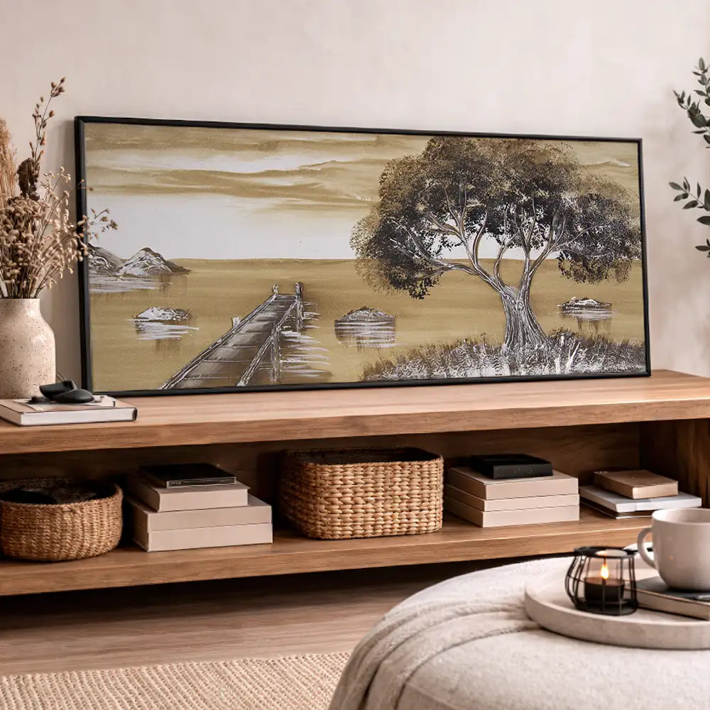 Cuadro de paisaje rural en tonos sepia pintado a mano