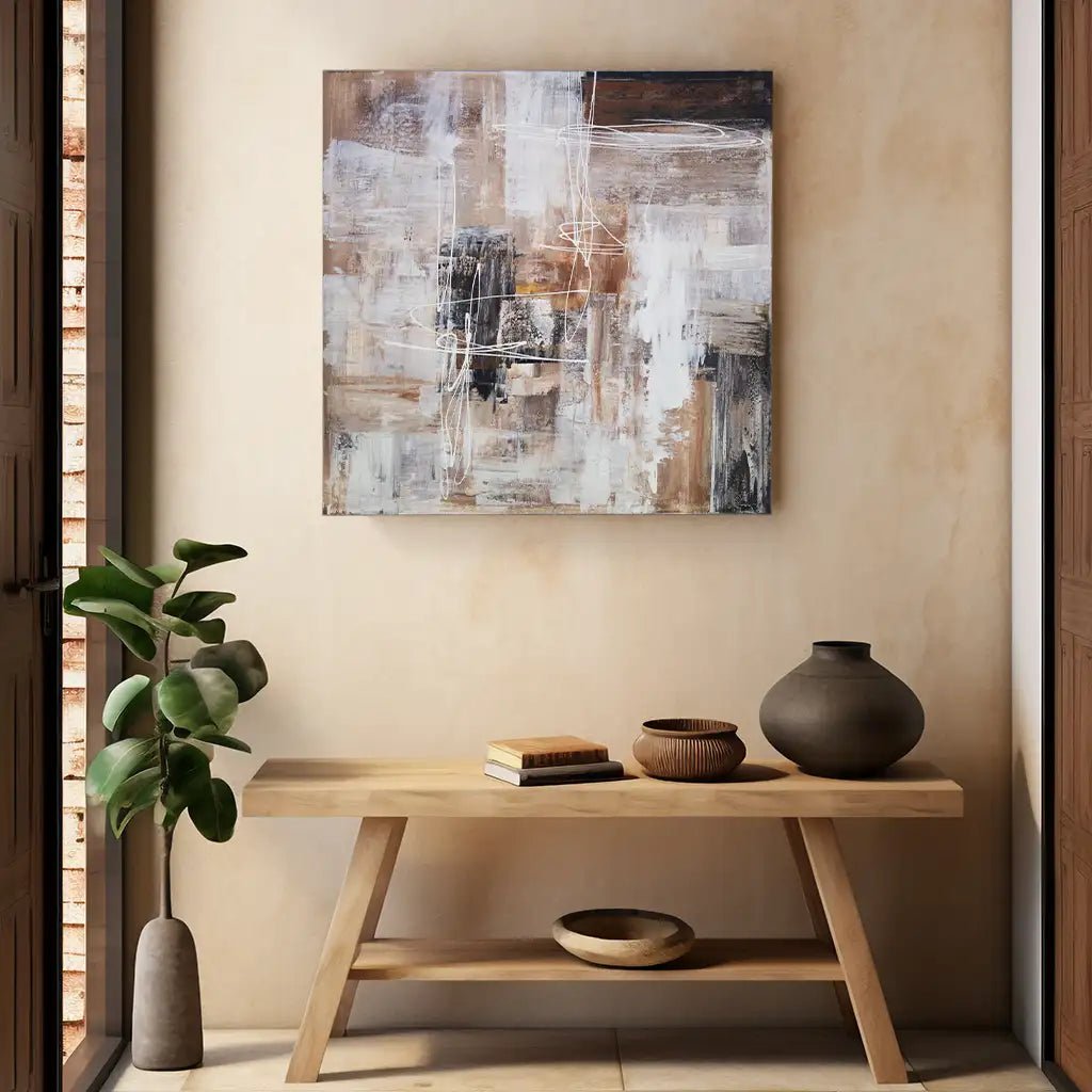 Cuadro abstracto moderno pintado a mano con líneas en blanco - DekoArte