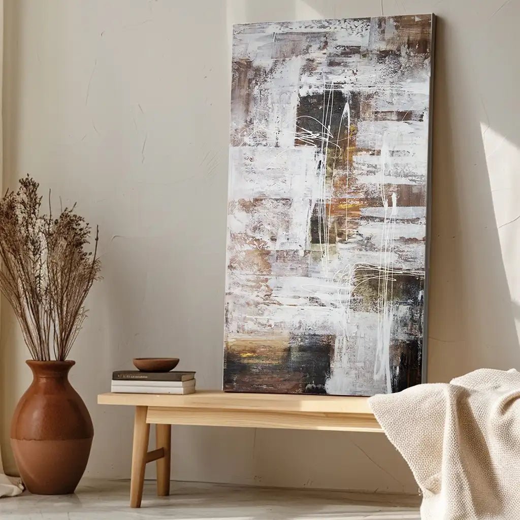 Cuadro abstracto moderno pintado a mano con líneas en blanco - DekoArte