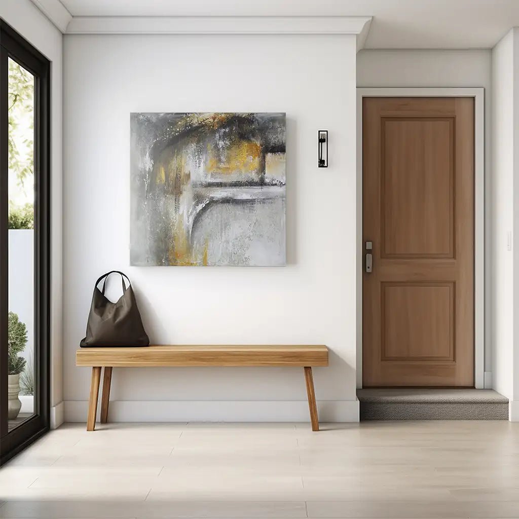 Cuadro abstracto pintado a mano con textura en tonos dorados y gris - DekoArte