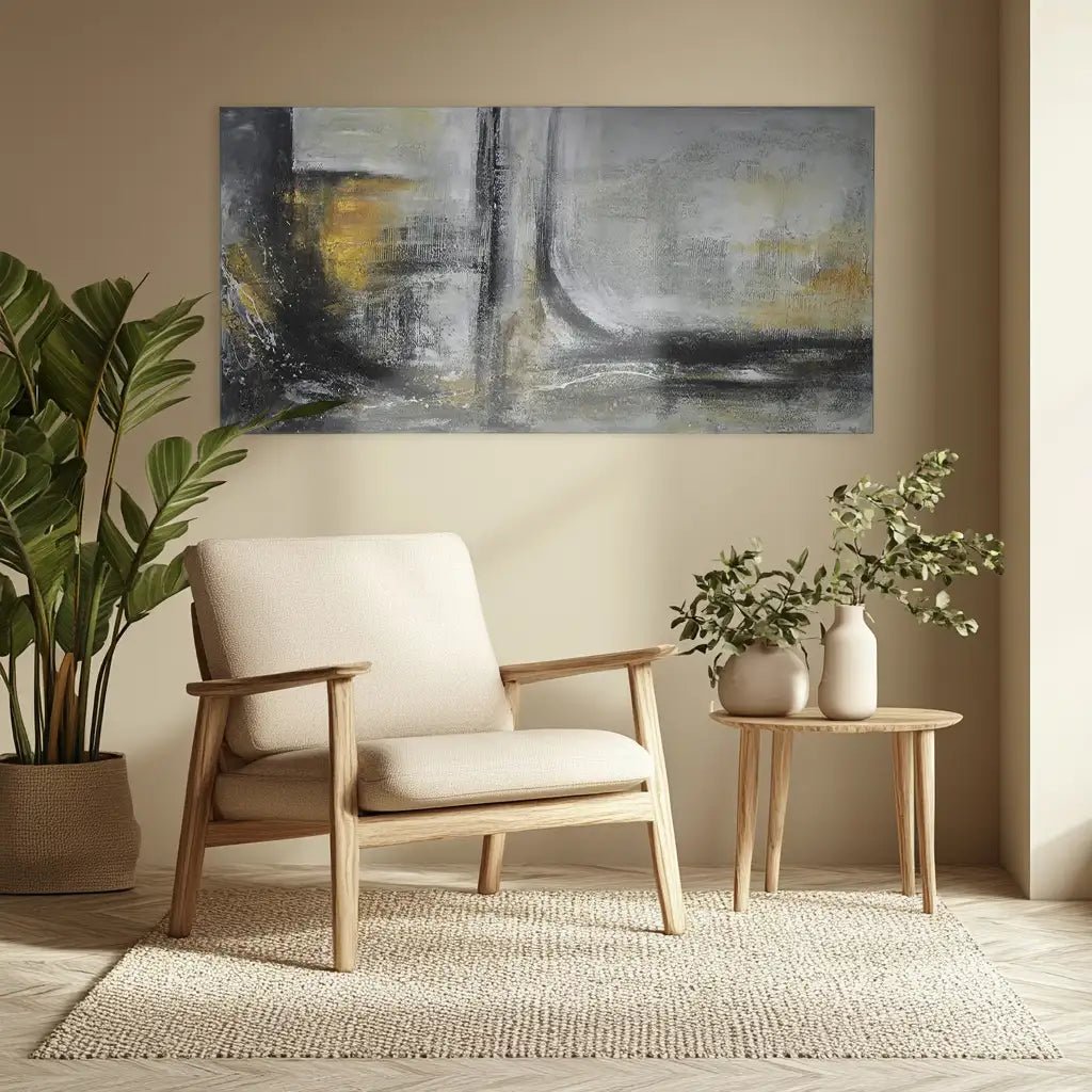 Cuadro abstracto pintado a mano con textura en tonos dorados y gris - DekoArte