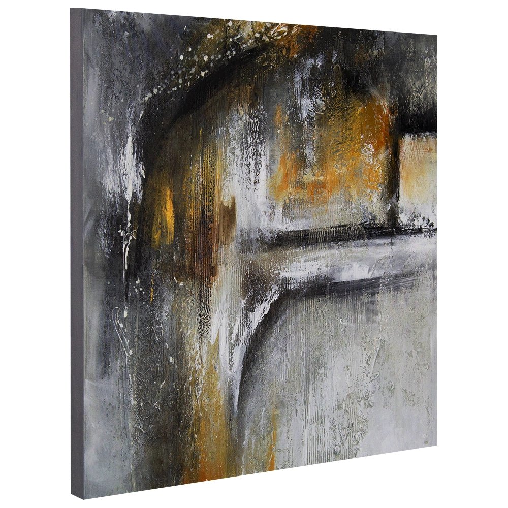 Cuadro abstracto pintado a mano con textura en tonos dorados y gris - DekoArte