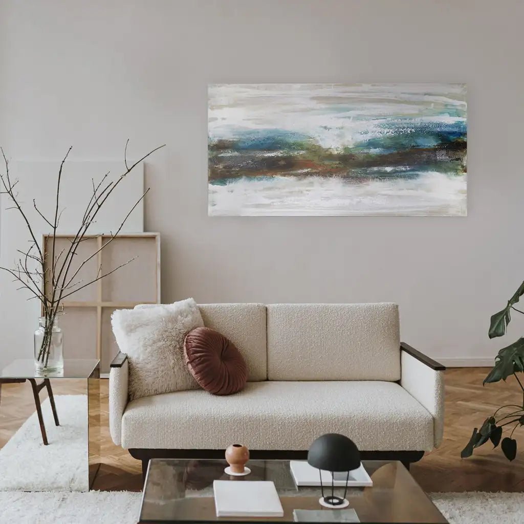 Cuadro abstracto pintado a mano con textura en tonos turquesa - DekoArte