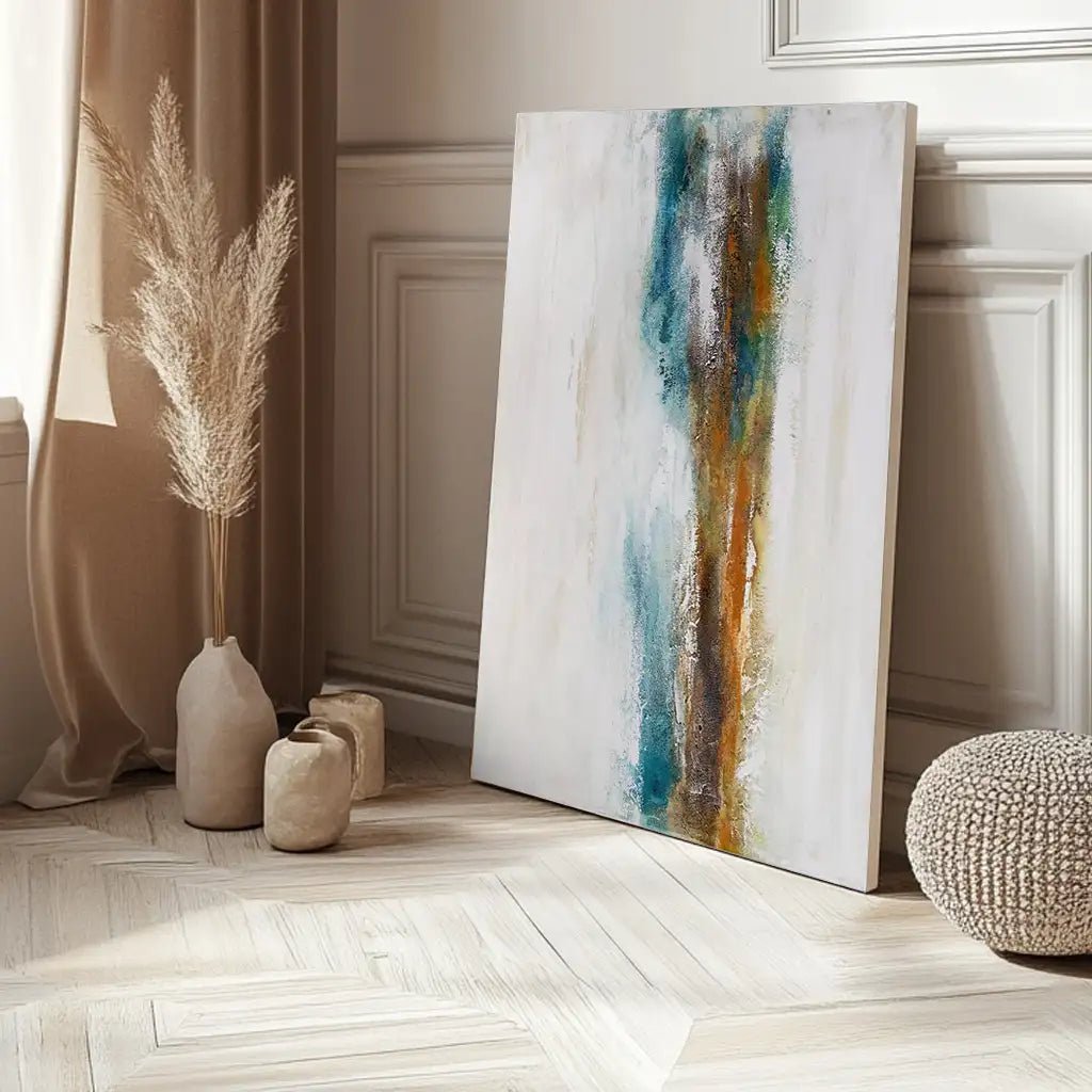 Cuadro abstracto pintado a mano con textura en tonos turquesa - DekoArte