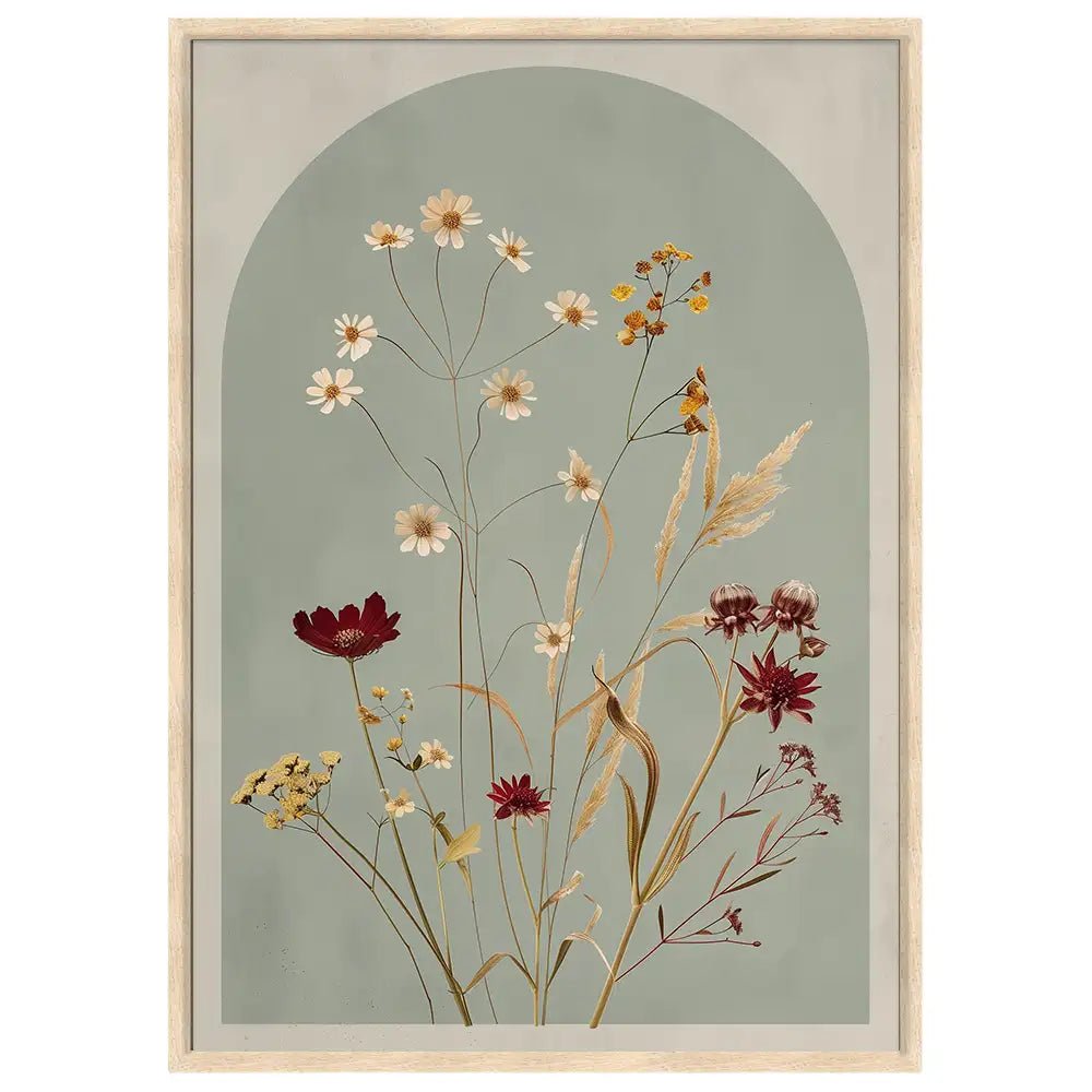 Cuadro de flores en fondo verde oliva empolvado - DekoArte