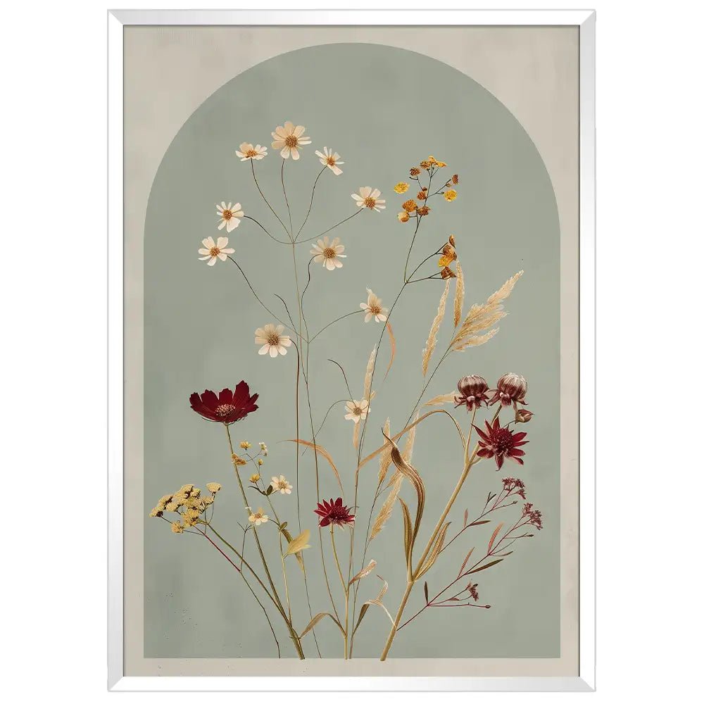 Cuadro de flores en fondo verde oliva empolvado - DekoArte