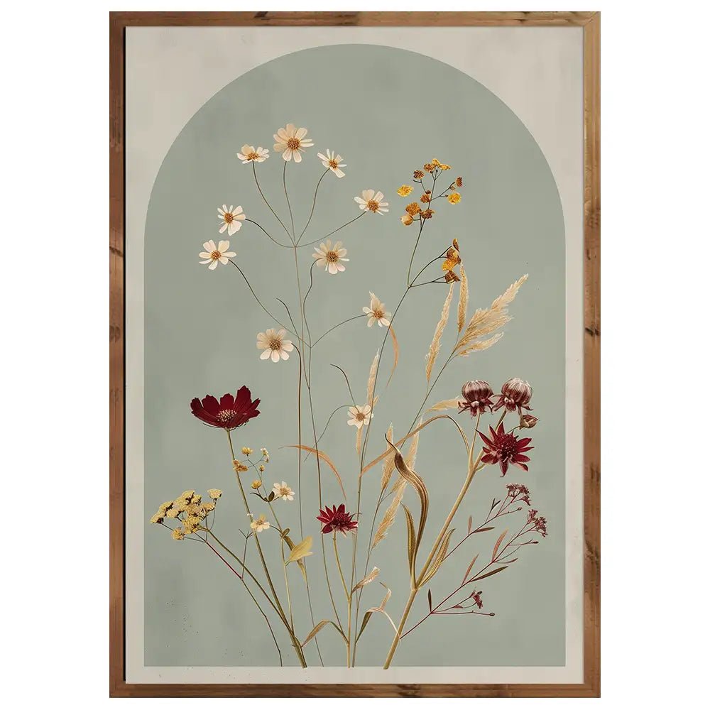 Cuadro de flores en fondo verde oliva empolvado - DekoArte