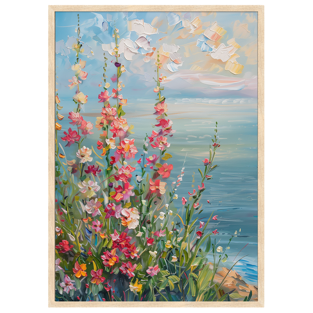 Cuadro de flores junto al mar con tonos suaves - DekoArte