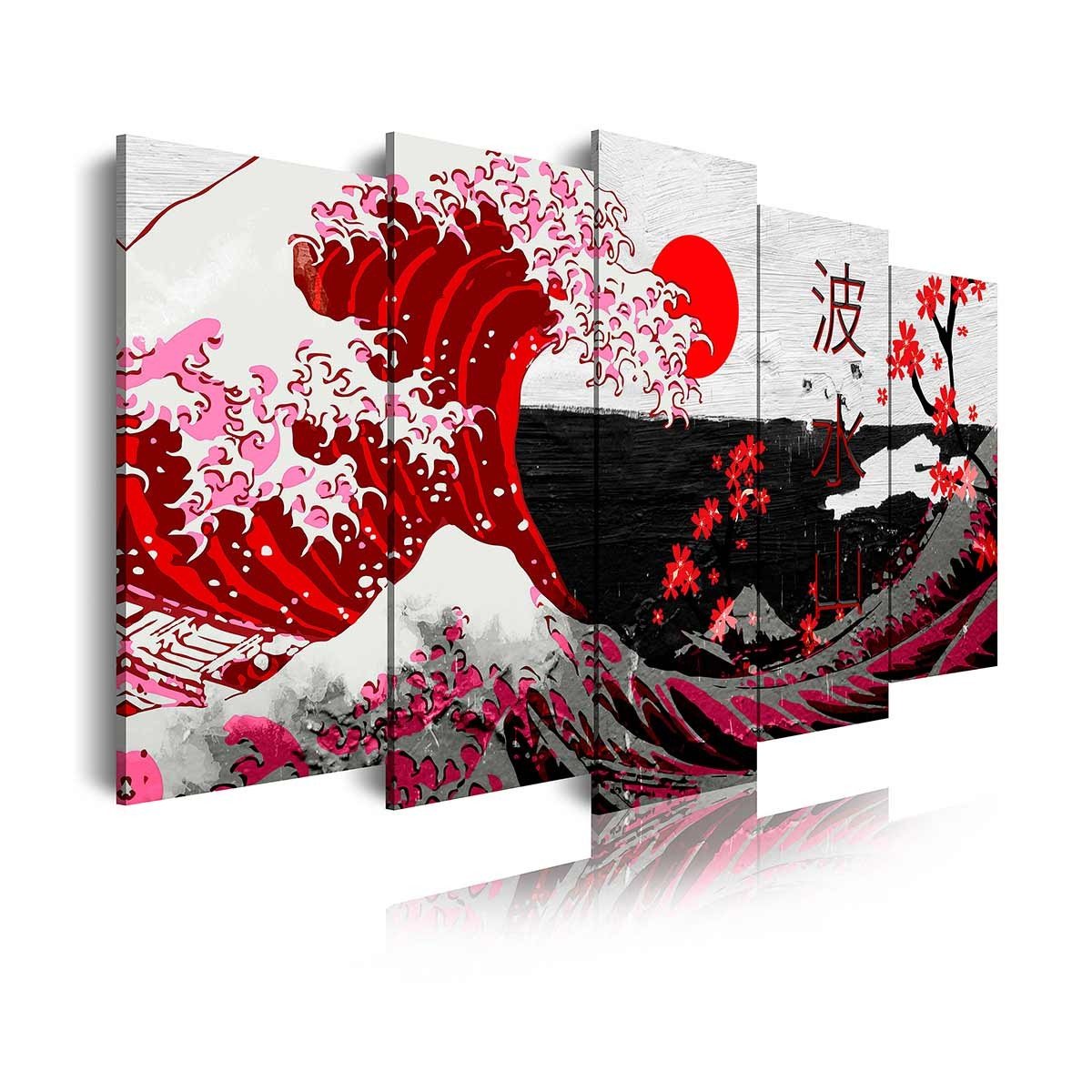 Cuadro en Lienzo Tríptico Adaptación De la Gran Ola de Kanagawa en Rojo - DekoArte