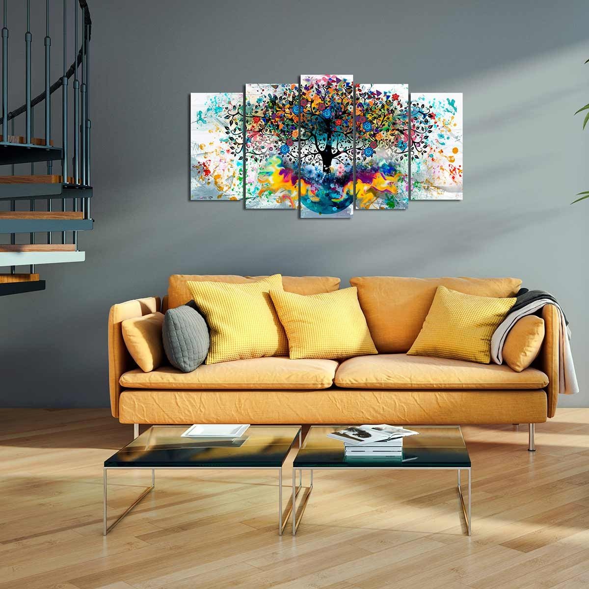 Cuadro en Lienzo Tríptico Árbol Multicolor sobre Fondo Blanco - DekoArte