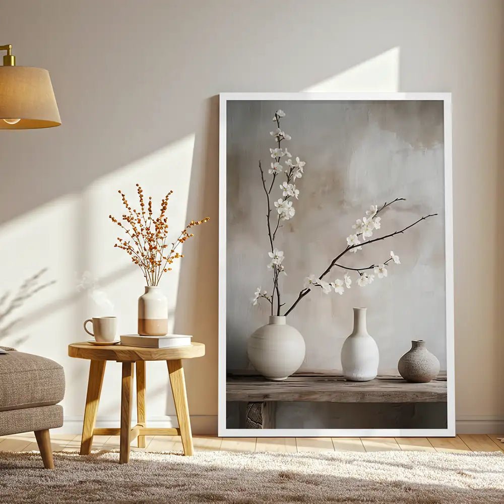 Cuadro estilo Japandi con jarrones y flor blanca - DekoArte