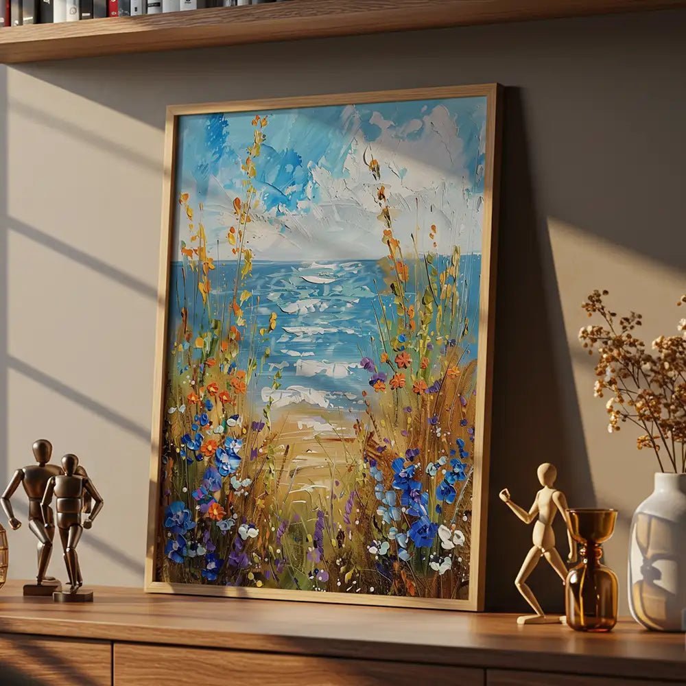 Cuadro floral con vista al mar y colores vivos - DekoArte