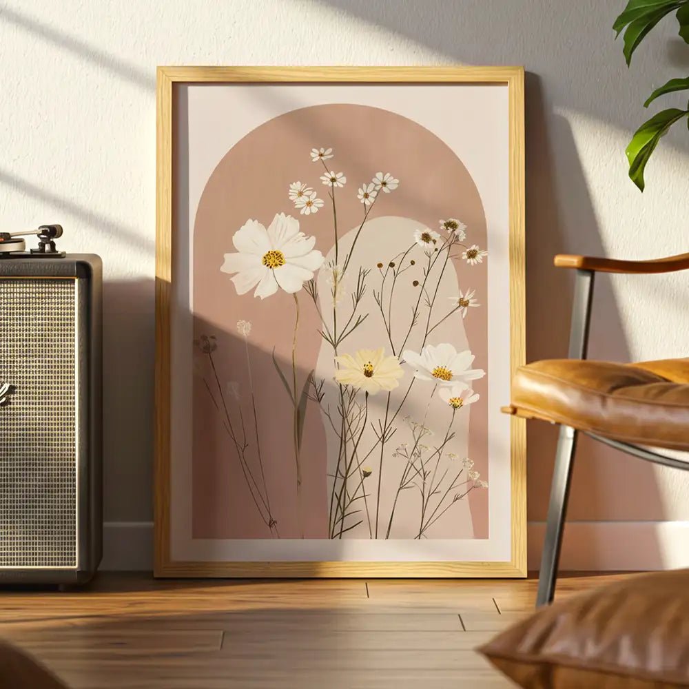 Cuadro floral en rosa palo con flores blancas y crema - DekoArte