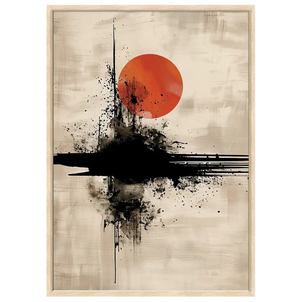 Cuadro Japandi de sol rojo y trazo negro | Estilo moderno - DekoArte