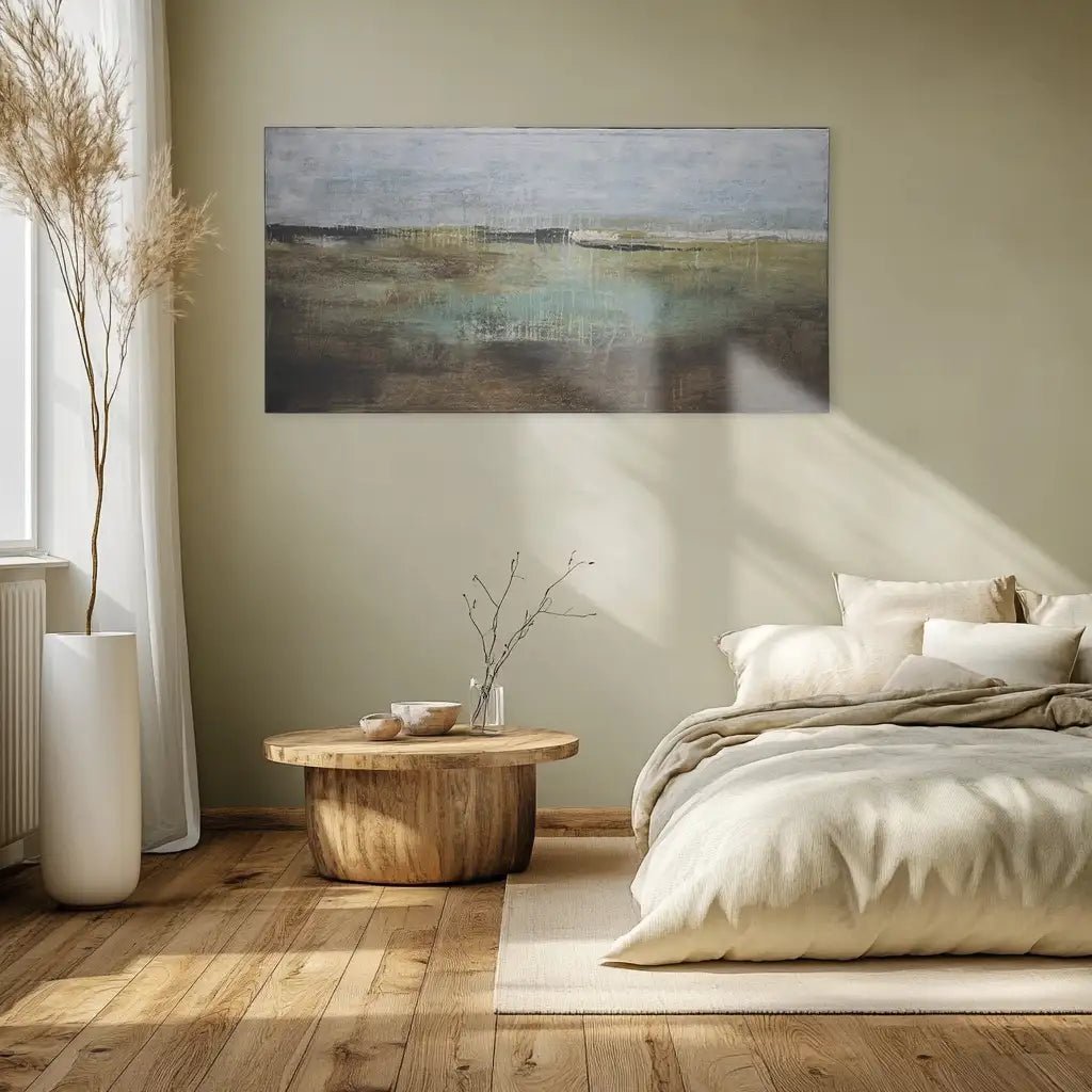 Cuadro pintado a mano en tonos aguamarina y ocres difuminados - DekoArte