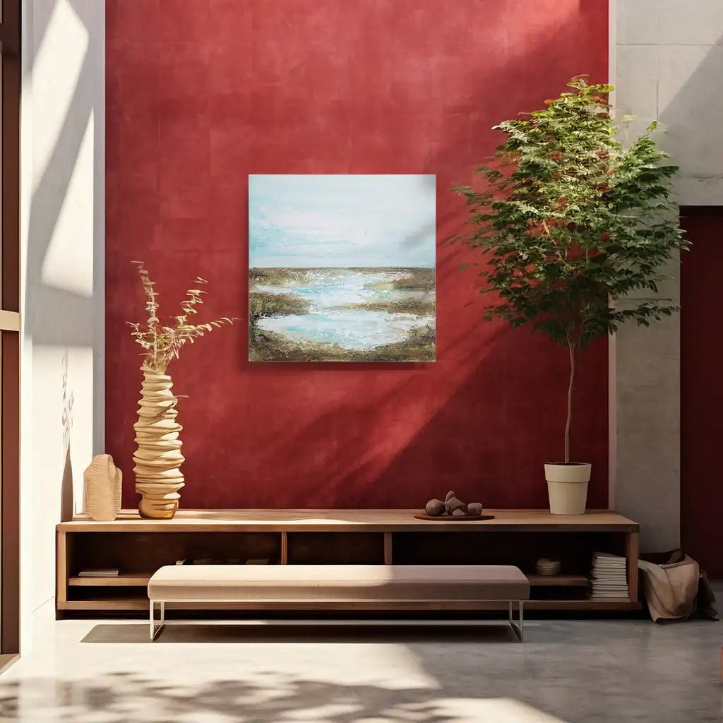 Cuadro pintado a mano moderno en tonos turquesa y dorado - DekoArte