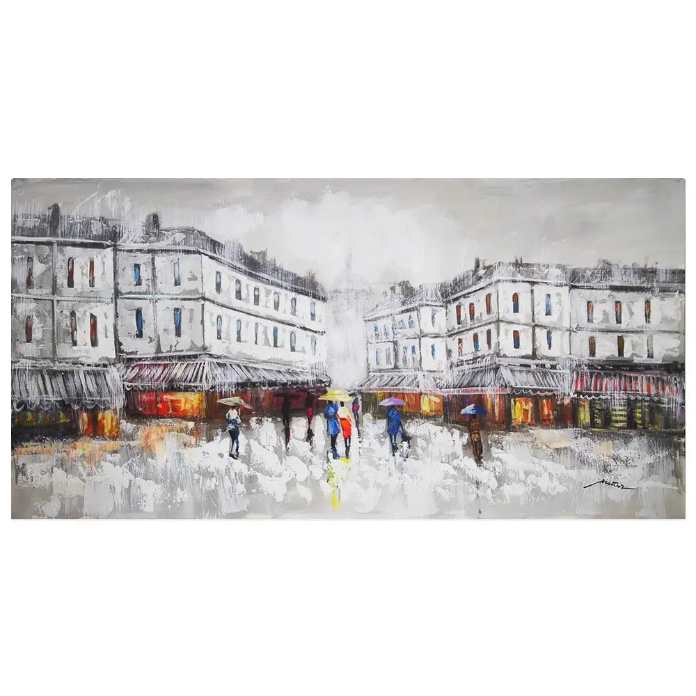 Figuración pintura urbana | Cuadro pintado con escena de plaza - DekoArte