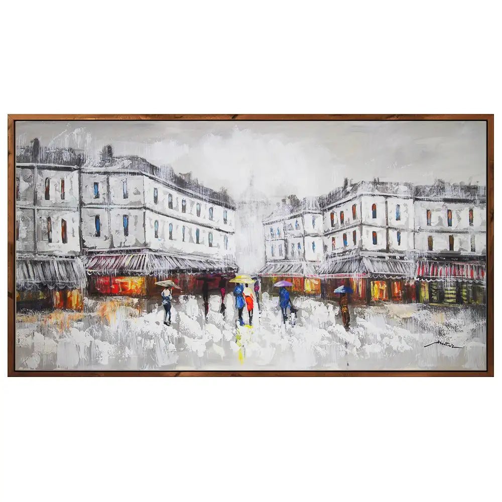 Figuración pintura urbana | Cuadro pintado con escena de plaza - DekoArte