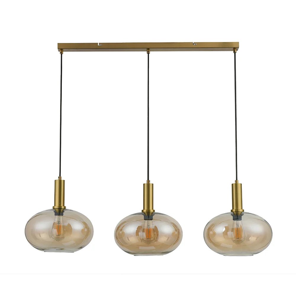 Lámpara colgante de 3 luces | Cristal ámbar y latón cepillado - DekoArte