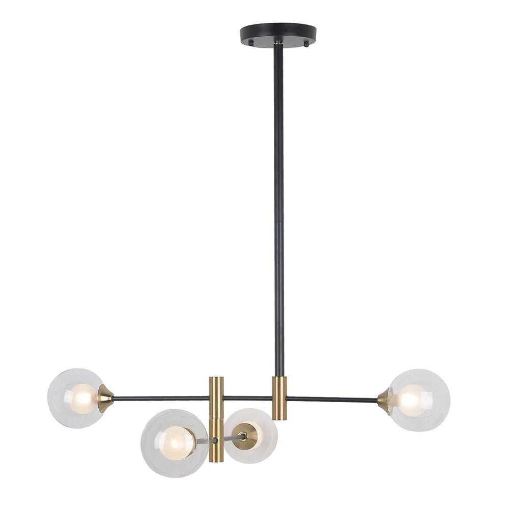 Lámpara colgante de 4 luces en negro y oro |Tulipa de Cristal Transparente - DekoArte