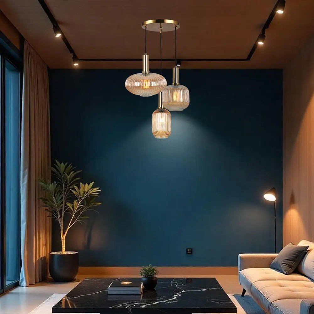 Lámpara colgante de cristal 3 luces | Ámbar y latón - DekoArte