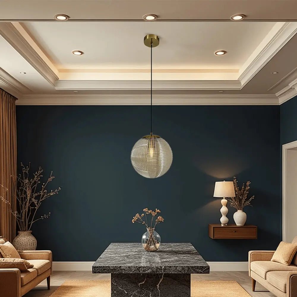 Lámpara colgante de cristal |Esfera ámbar y metal cuero - DekoArte