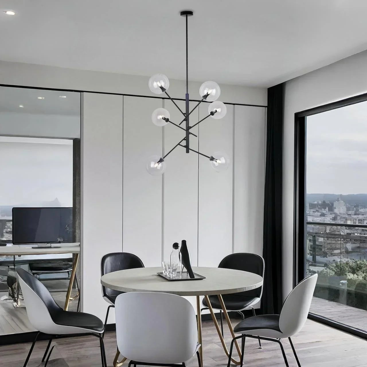 Lámpara colgante negra de 6 luces | Tulipa cristal transparente - DekoArte