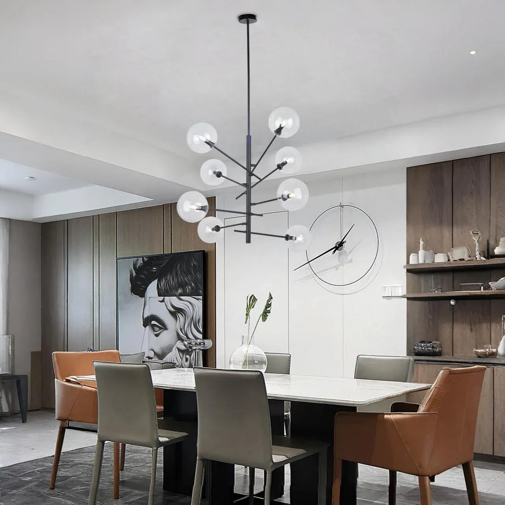 Lámpara colgante negra de 8 luces | Tulipa cristal transparente