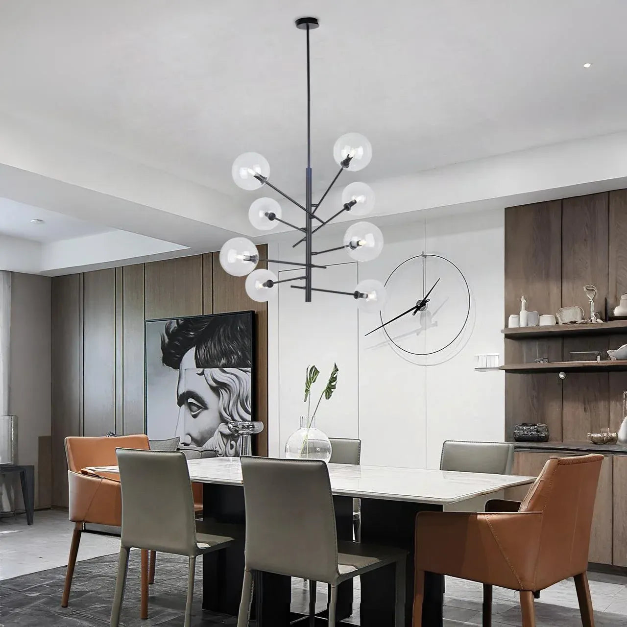 Lámpara colgante negra de 8 luces | Tulipa cristal transparente