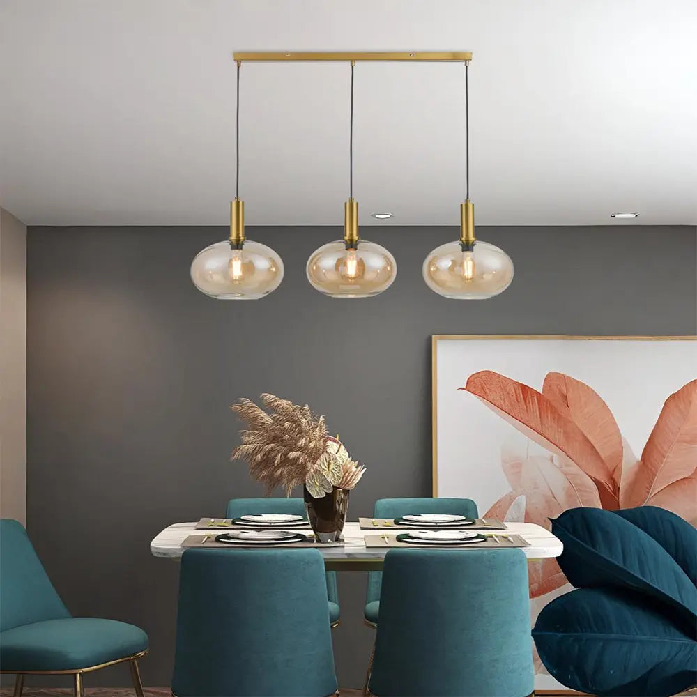 Lámpara colgante de 3 luces | Cristal ámbar y latón cepillado