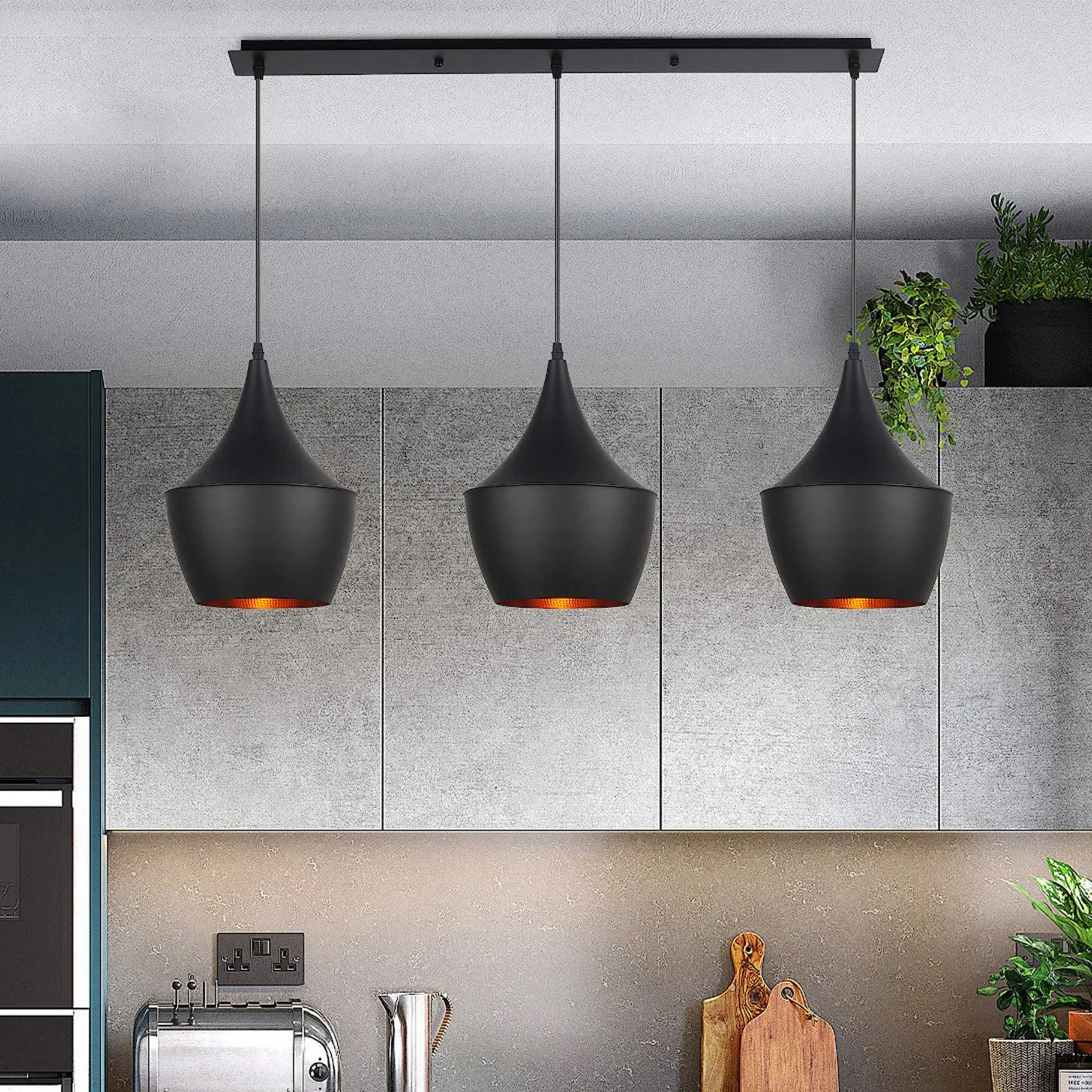 Lámpara de techo lineal Negra 3 luces | Estilo campana