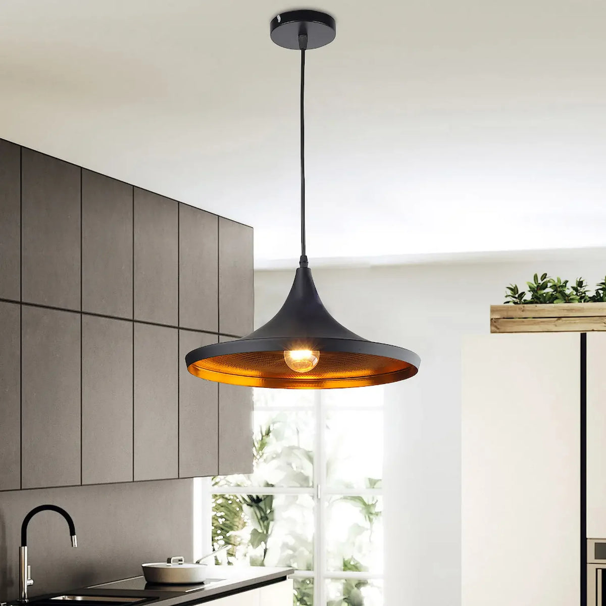 Lámpara de techo colgante negra y dorado | Estilo curvo