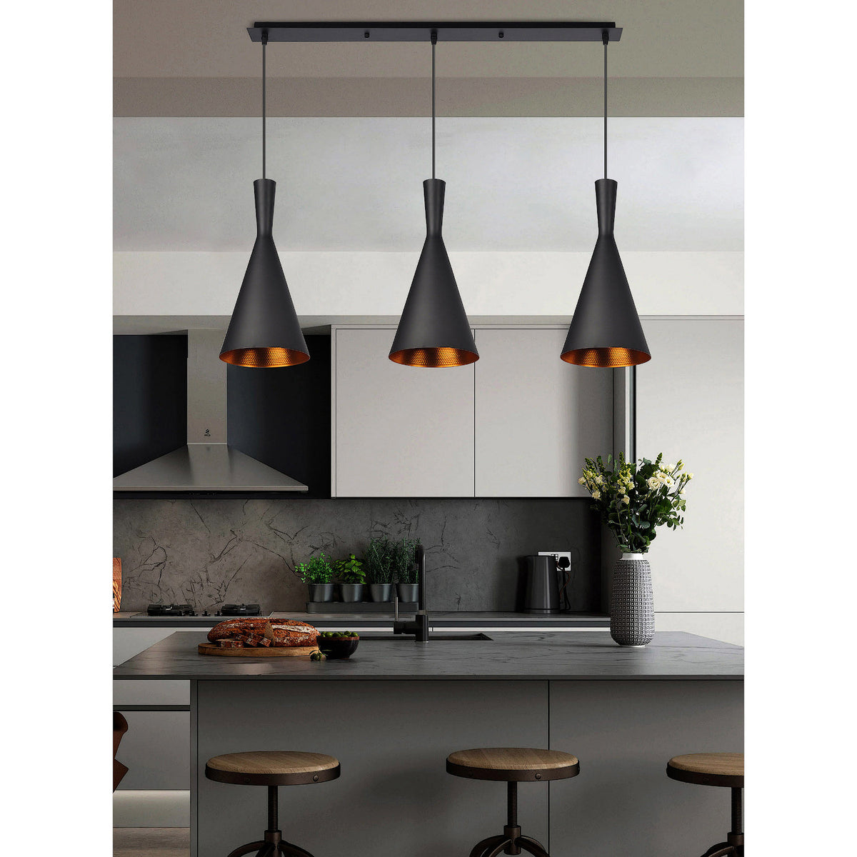 Lámpara de techo de 3 luces | Pantallas cónicas en color negro